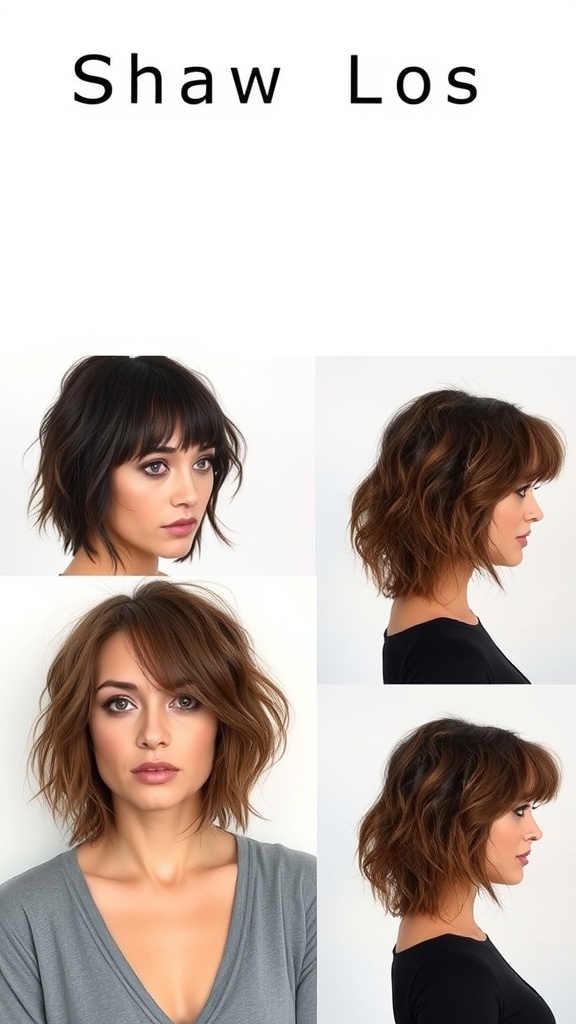 Different angles of a shaggy lob hairstyle