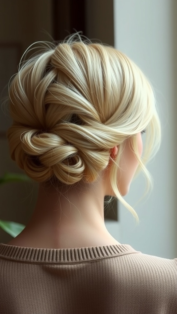 A close-up of a blonde woman's hair styled in a French twist with soft tendrils, showcasing elegance and sophistication.