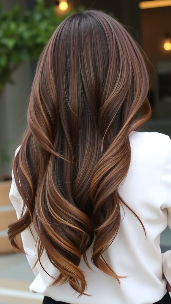 A hairstyle featuring long layers with rich brunette tones.