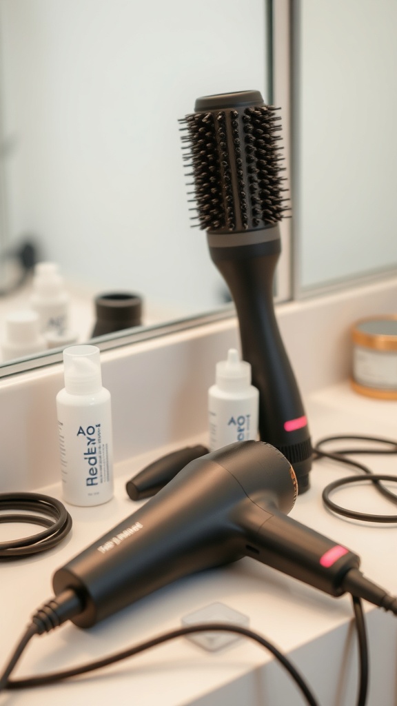 A blow dryer, round brush, and styling products on a bathroom counter