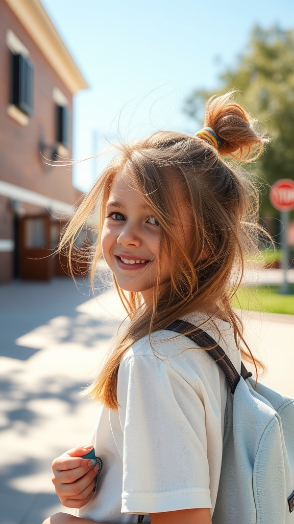A young girl with tousled beach waves hairstyle, smiling and wearing a backpack.