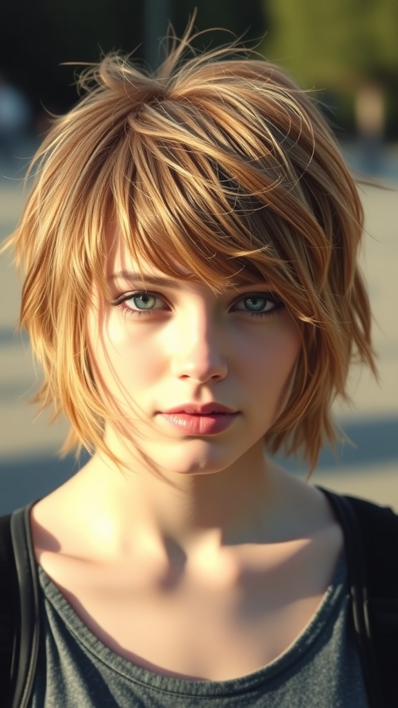 A woman with a tousled shag hairstyle and baby bangs, showcasing a casual and stylish look.