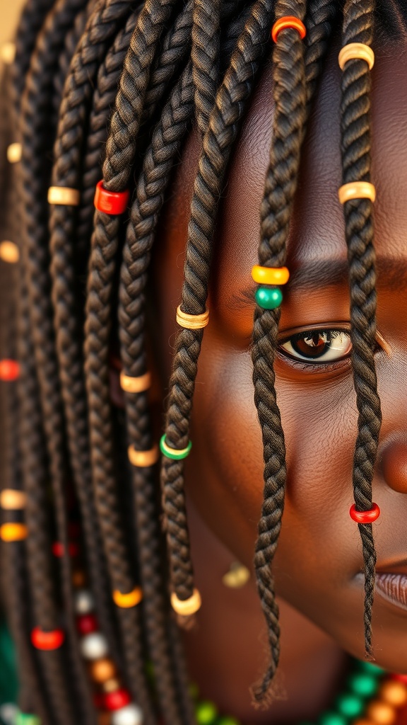 Close-up of traditional Fulani braids with colorful beads.