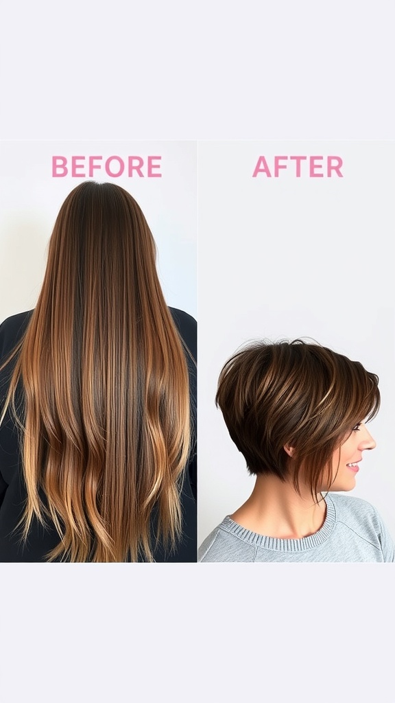 Before and after images of a hair transformation from long hair to a short stacked wedge haircut.