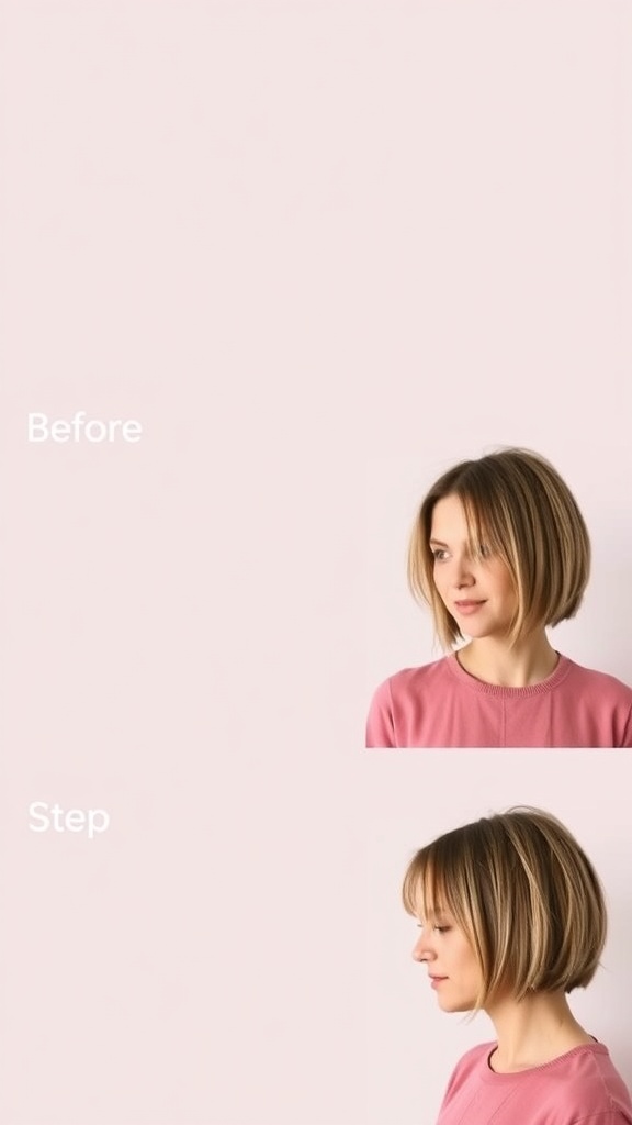 Before and after images of a long pixie bob haircut transition.