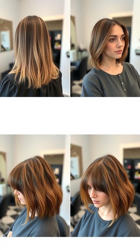 Before and after images of a woman transitioning to a shag haircut, showing longer hair and a stylish shag with layers and bangs.