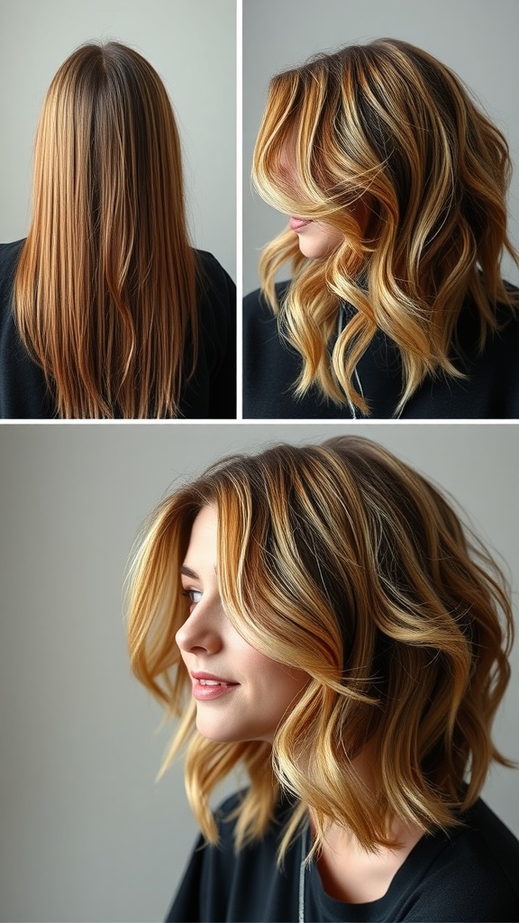 A collage showing the transformation of hair from straight to a wavy wolf cut with bangs.