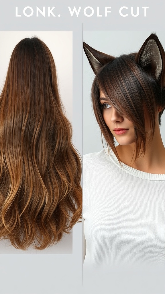 A visual comparison of a long wolf cut hairstyle and a short wolf cut with curtain bangs.