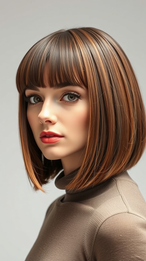 A woman with a trendy bob cut and bangs, showcasing shiny hair with a rich blend of colors.
