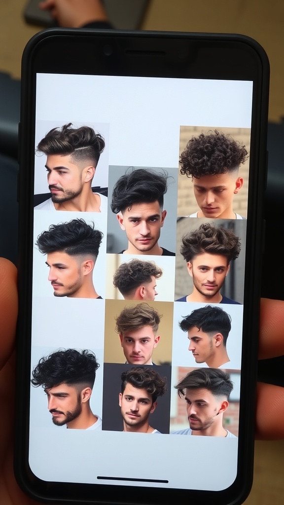 A smartphone displaying various trendy curly hairstyles for men.