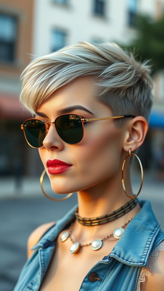 A woman with a trendy pixie cut, wearing sunglasses and bold jewelry.