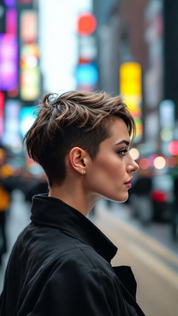 A person with short hair styled in a tucked hairstyle, showcasing a clean and chic look.