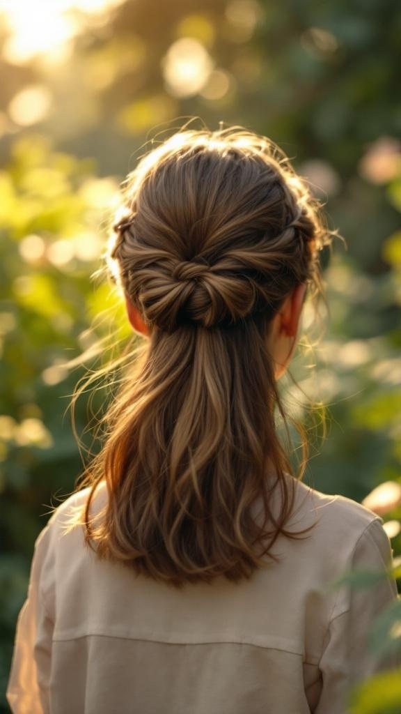 A woman with a tucked half-up hairstyle, showcasing soft waves and a neat back section, surrounded by greenery.