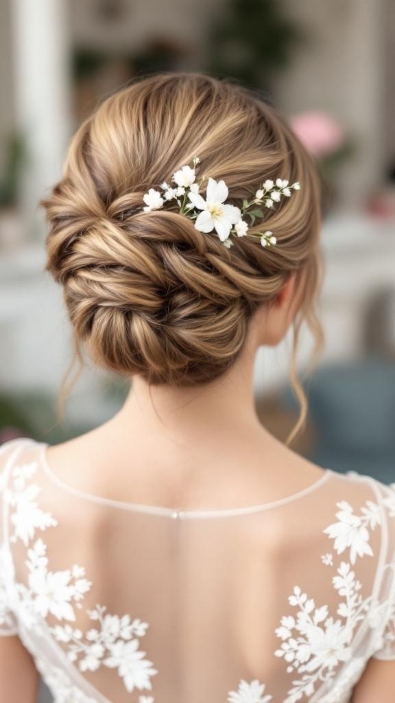 A woman with a tucked twist updo hairstyle adorned with white flowers.