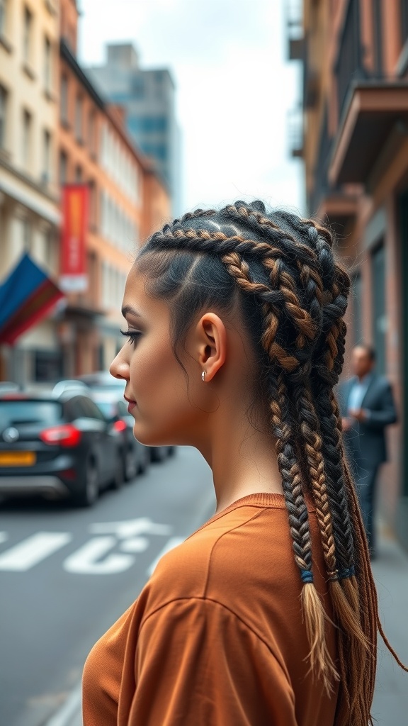 A young woman with twisted baby braids and loose ends, standing on a city street.