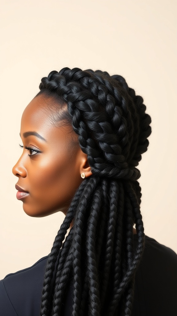 A woman with a Twisted Crown Braid hairstyle, showcasing thick, twisted sections forming a crown around her head.