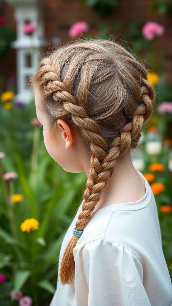 A young girl with a twisted crown braid hairstyle, surrounded by colorful flowers.