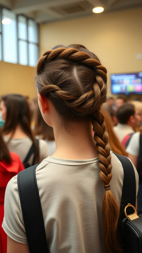 A girl with a twisted crown braid hairstyle, showcasing a neat and elegant look suitable for school.