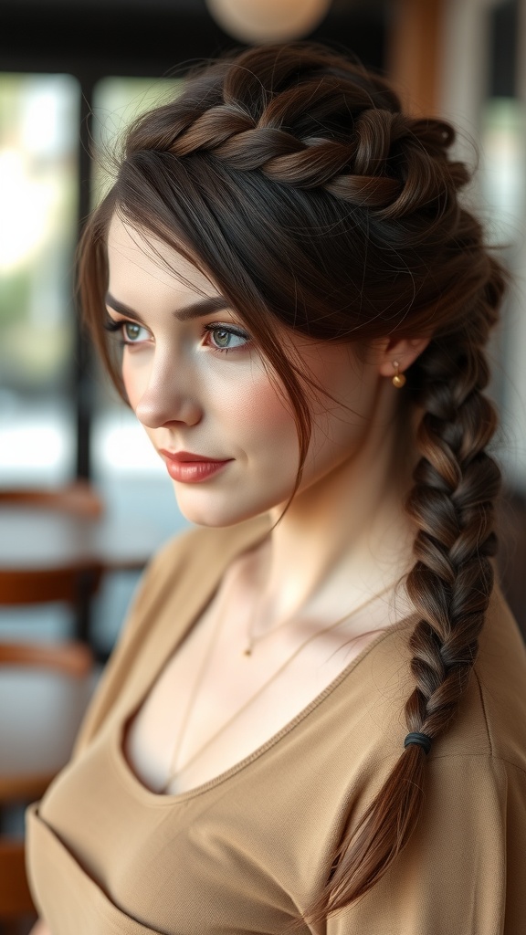 A woman with a twisted half-up braid hairstyle, showcasing a blend of elegance and casual style.
