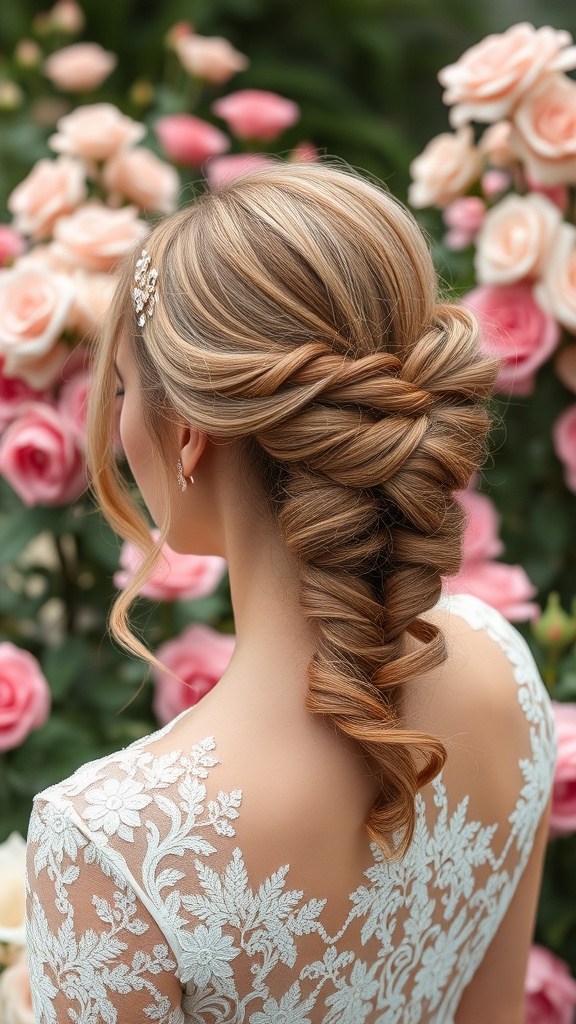 A bride with a twisted half-up hairstyle, featuring soft curls and a delicate hair accessory, surrounded by pink roses.