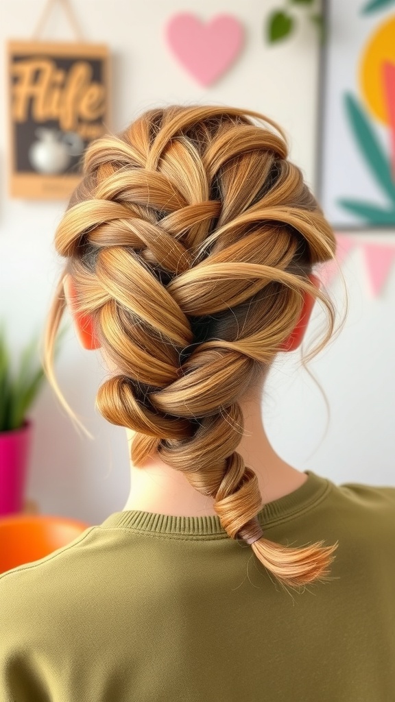 A twisted half-up hairstyle with intricate braids, showcasing warm hair tones.