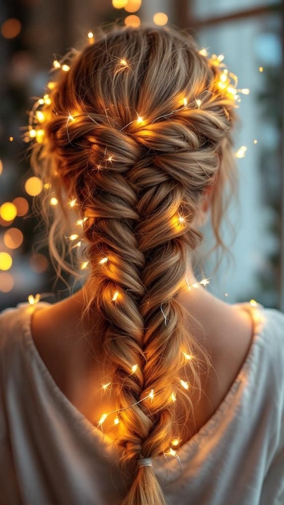 A woman with a twisted halo braid decorated with fairy lights, showcasing a festive hairstyle.