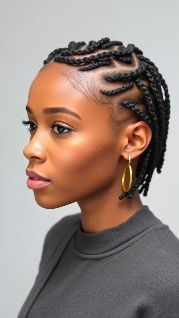 A woman with short twisted locs styled with a side part, wearing gold hoop earrings.