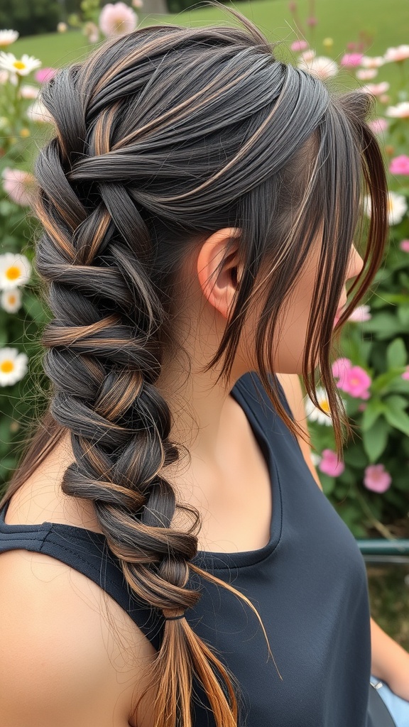 A twisted low braid hairstyle with highlights, styled for a bohemian look.