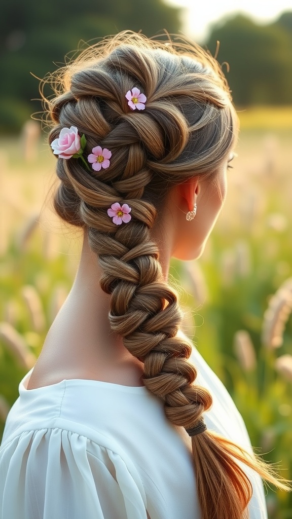 A woman with a twisted side braid adorned with flowers, showcasing a simple yet elegant hairstyle.
