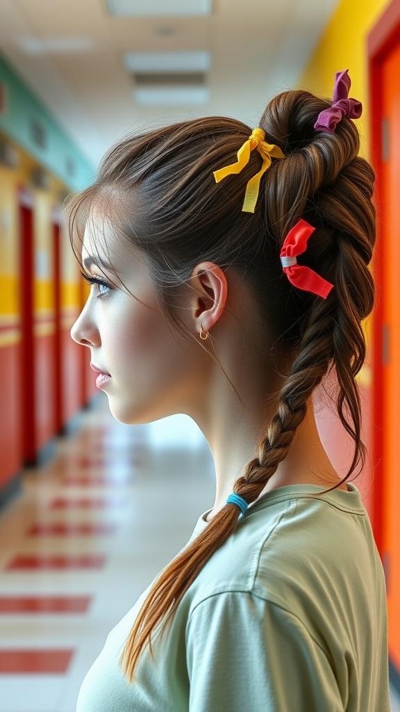 A girl with a twisted side ponytail adorned with colorful ribbons, standing in a school hallway.