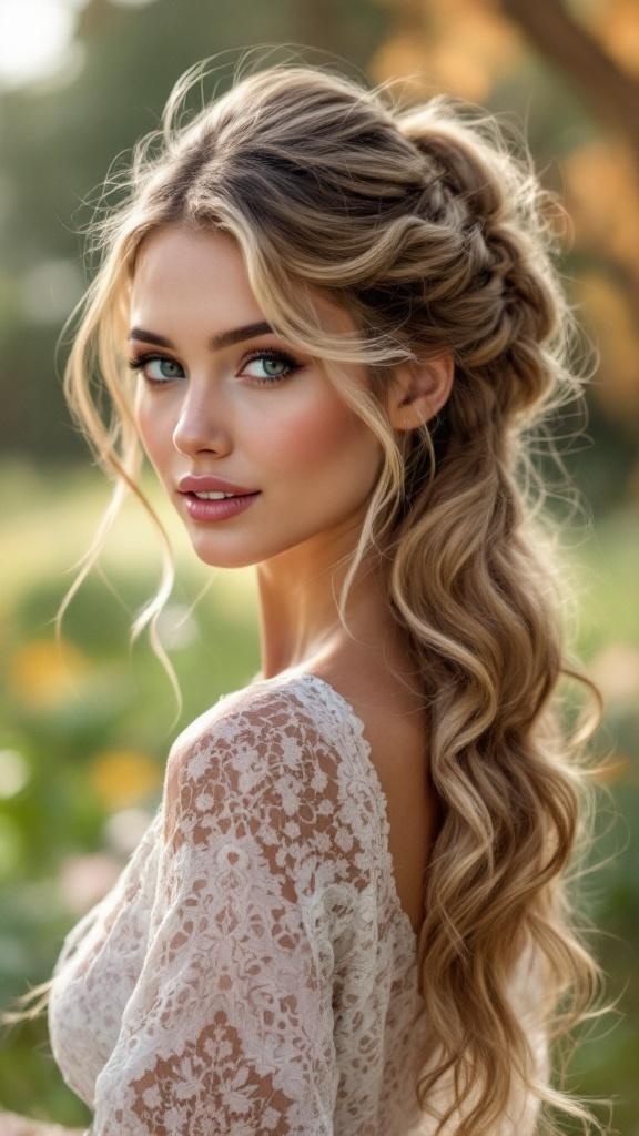 A woman with a twisted side ponytail hairstyle, featuring soft waves and a romantic look.