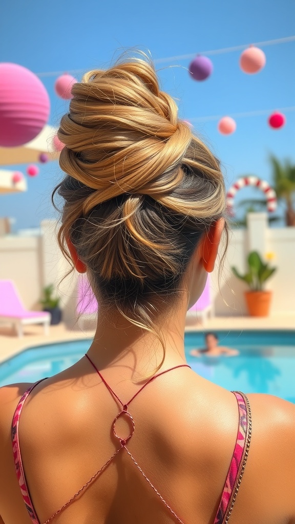 A woman with a twisted updo hairstyle, standing by a pool with colorful decorations in the background.