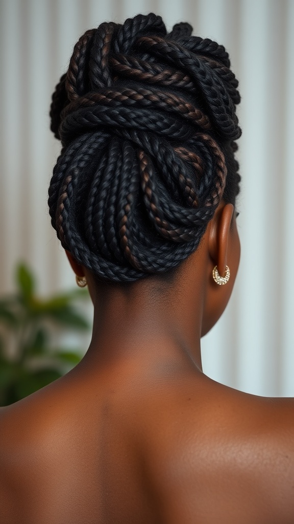 A close-up view of a twisted updo hairstyle featuring dyed locs, showcasing intricate twists and subtle highlights.