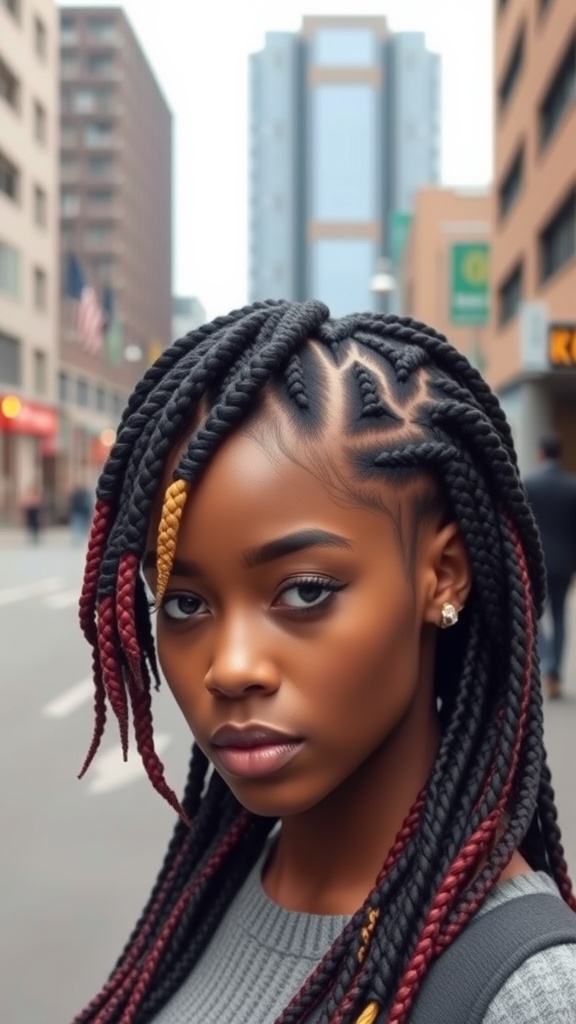 A person with two-toned locs featuring red and gold colors, styled with braids in an urban setting.