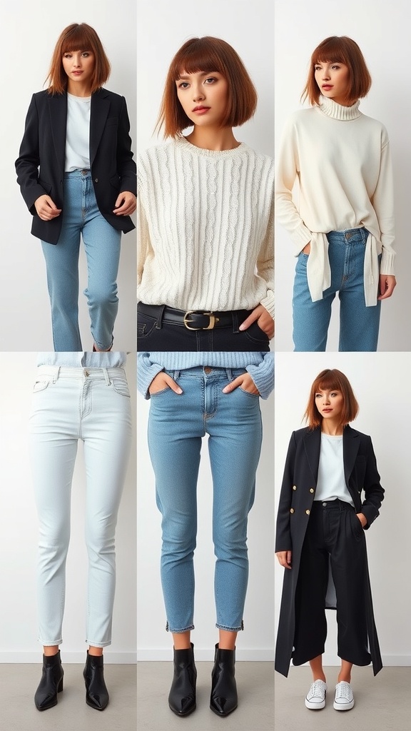 A model showcasing different outfits with an undercut bob hairstyle.