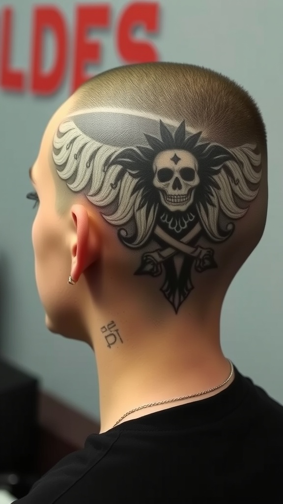 A close-up view of an undercut hairstyle featuring a skull and wings design shaved into the back of the head.