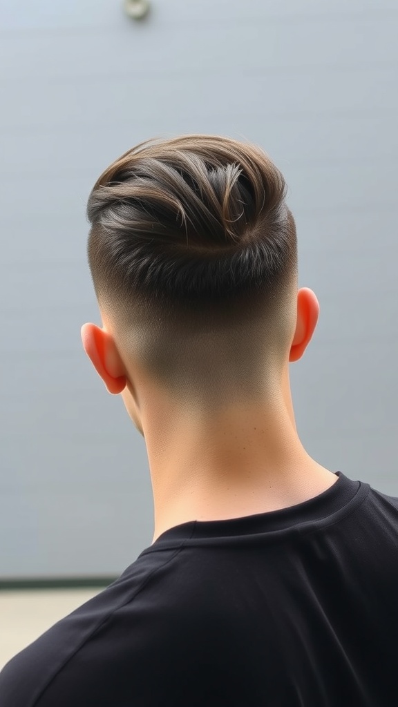 A man with a stylish undercut and long top hairstyle, showcasing a clean fade on the sides.