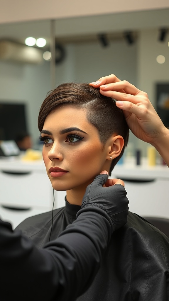 A woman receiving a Butterfly Cut Short Hair at a salon, with a stylist working on her hair.