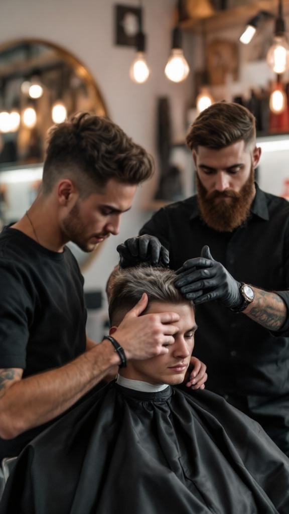 A young man receiving a wolf cut hairstyle at a barbershop, with a stylist working on his hair.