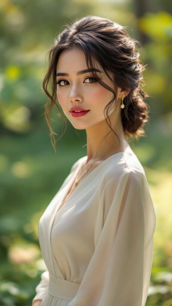 A woman with a half-up hairstyle, featuring soft waves and delicate earrings, exuding elegance in a natural setting.
