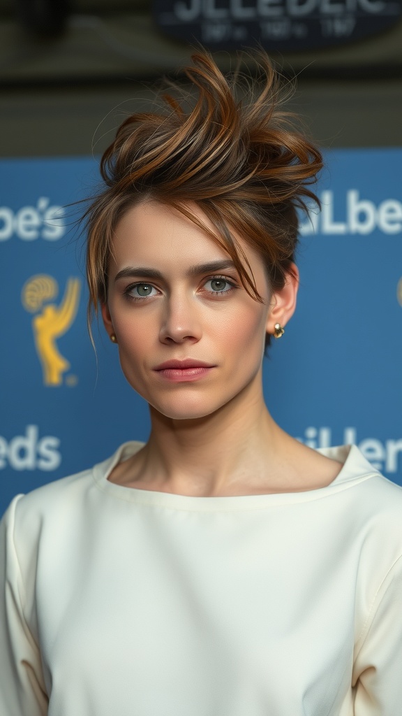 Celebrity with an unkempt bedhead hairstyle, looking serious against a blue backdrop.