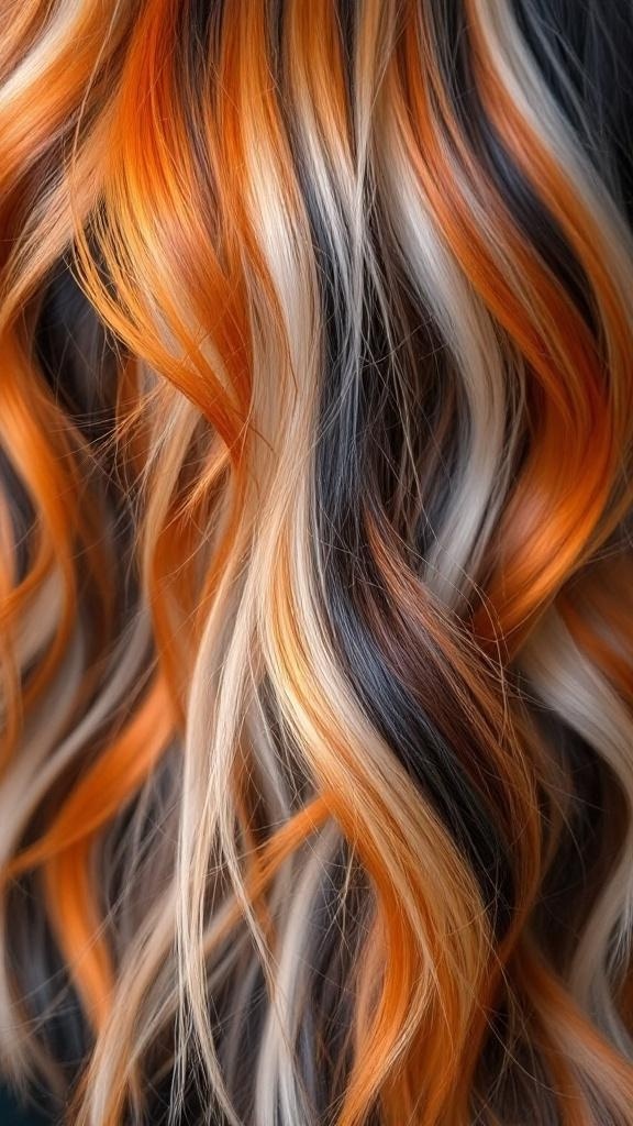 A close-up view of hair featuring vibrant calico highlights in orange, black, and blonde.