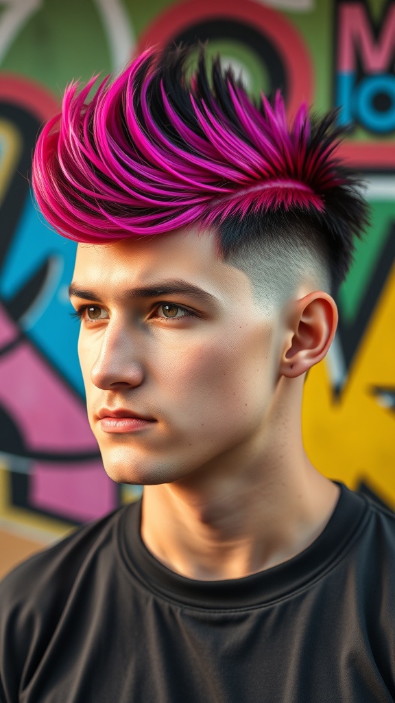 A young person with a wolf cut hairstyle featuring bright pink accents, standing in front of a colorful background.