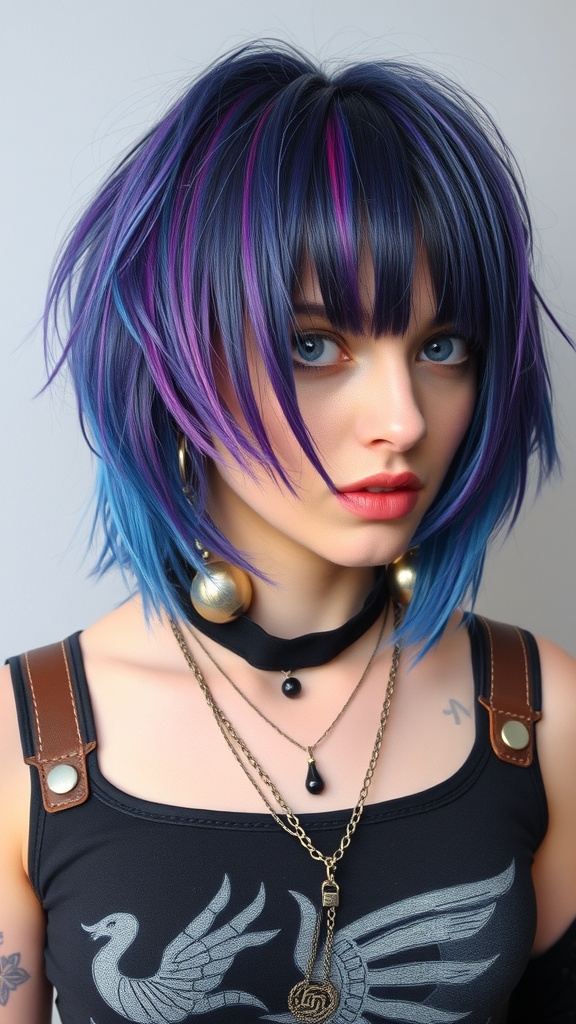 A person with a vibrant grunge hairstyle featuring blue and purple highlights, styled in choppy layers.