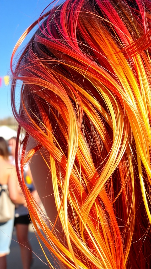 A close-up of hair with vibrant red, orange, and yellow highlights.