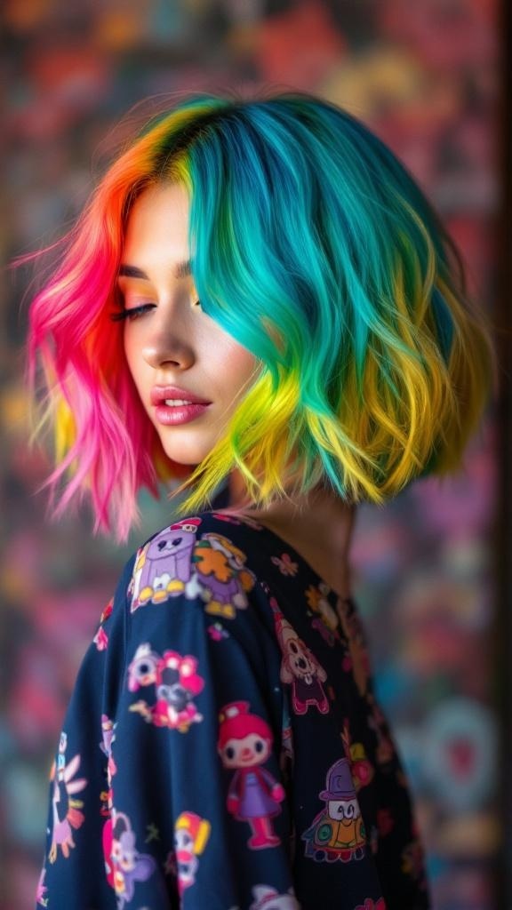 A model with a vibrant colored layered bob hairstyle featuring pink, blue, and yellow hues.