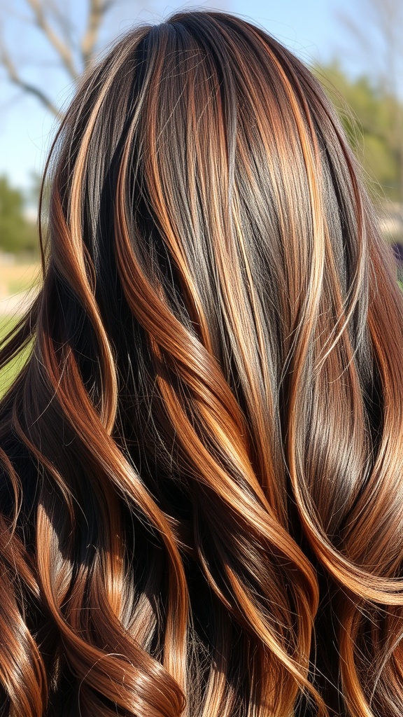 Long textured hair with vibrant highlights in shades of brown and caramel.