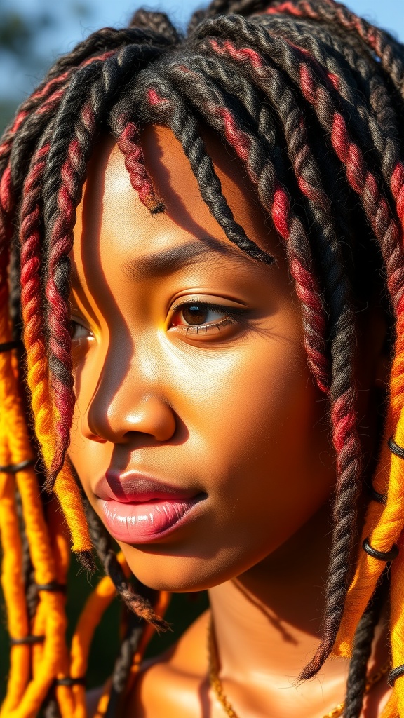 Close-up of a person with ombre dyed locs featuring black, red, and yellow colors.