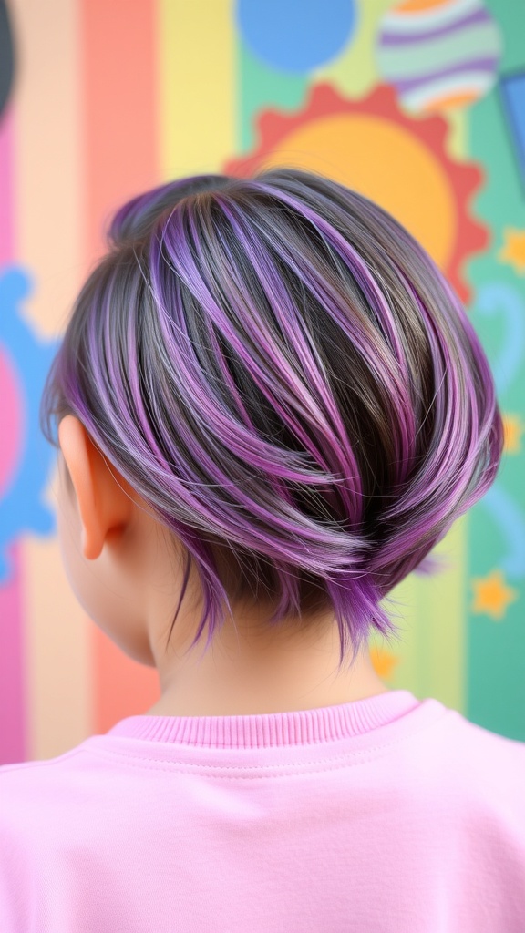 A stylish bob haircut featuring vibrant purple streaks against a colorful background.