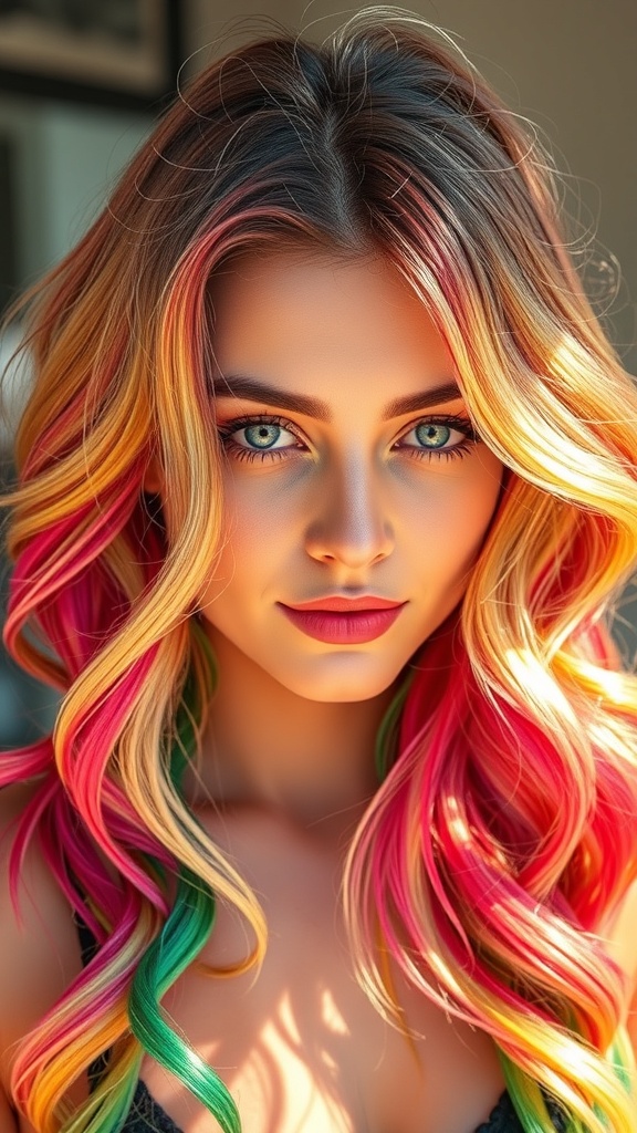 A vibrant rainbow hairstyle with loose curls, featuring bright pink, orange, and blue colors.
